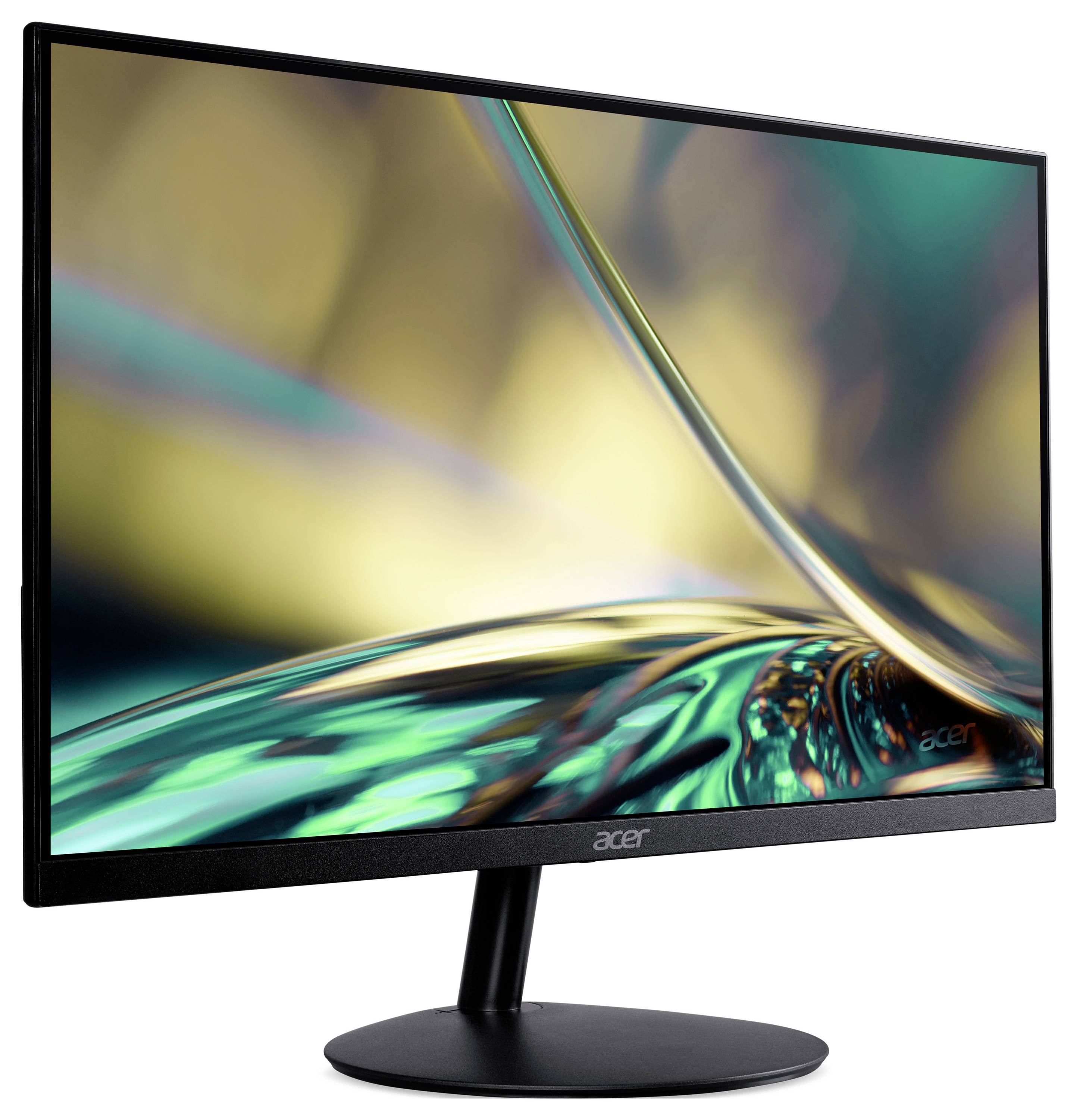 Ein schlanker Computermonitor, der ein farbenfrohes abstraktes Design zeigt, auf einem schlichten schwarzen Ständer platziert.