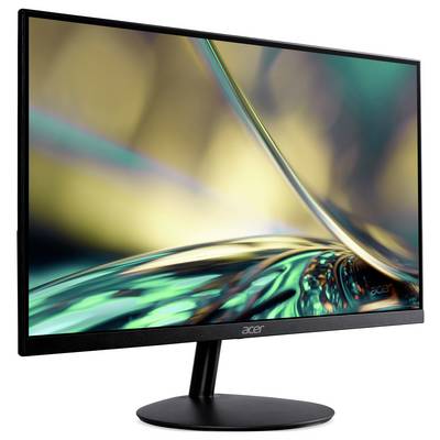 Ein schlanker Computermonitor, der ein farbenfrohes abstraktes Design zeigt, auf einem schlichten schwarzen Ständer platziert.