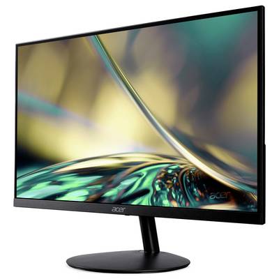 Ein schlanker, moderner Computerbildschirm mit einem dünnen Rahmen und einem lebhaften abstrakten Hintergrund mit grünen und goldenen Wirbeln.
