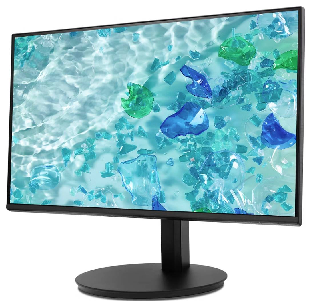 Ein Computermonitor, der eine Unterwasserszene zeigt, mit Licht, das auf verstreuten Stücken von blauem und grünem Glas reflektiert wird.
