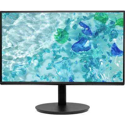Ein Computermonitor zeigt ein abstraktes Bild von blauen und grünen Glasstücken, die auf einer reflektierenden Oberfläche verstreut sind und Wasser zu ähneln scheinen.