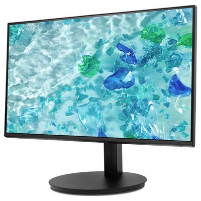 Ein Computermonitor, der ein abstraktes Bild mit blauen und grünen durchscheinenden Formen auf einem wasserartigen Hintergrund zeigt.