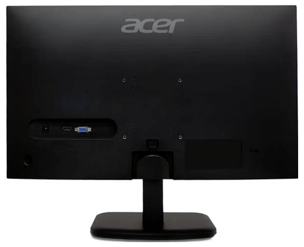 Rückansicht eines Acer-Computermonitors, der VGA- und HDMI-Anschlüsse auf der unteren linken Seite zeigt, mit einem schwarzen Ständer, der den Bildschirm stützt.