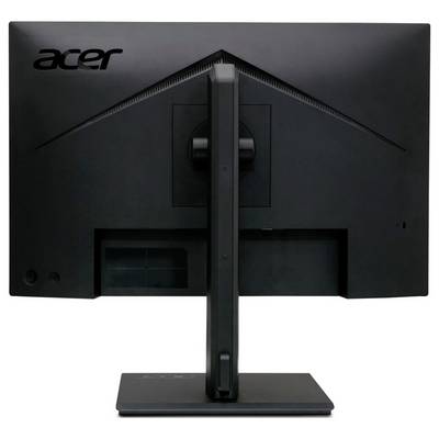 Das Bild zeigt die Rückansicht eines schwarzen Acer-Computermonitors mit einem zentralen Standfuß und sichtbaren Lüftungsschlitzen an der Oberseite.