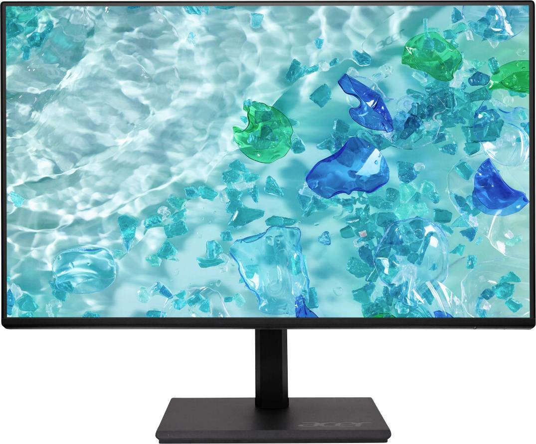 Ein Computermonitor zeigt ein Bild einer Wasseroberfläche mit schwimmenden Stücken blauer und grüner Plastikteile und verdeutlicht damit die Umweltverschmutzung.