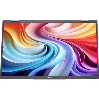 Acer-Laptop-Bildschirm, der einen lebhaften Wirbel von Farben zeigt: Rot, Rosa, Orange, Gelb, Blau und Violett, der einer abstrakten Malerei ähnelt.