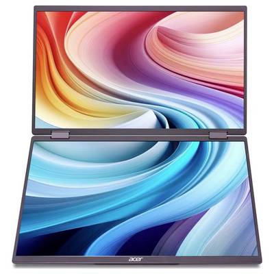 Laptop mit zwei Bildschirmen mit lebendigen, mehrfarbigen Wirbeldesigns auf beiden Displays, die die innovative Technologie für Multitasking des Geräts präsentieren.