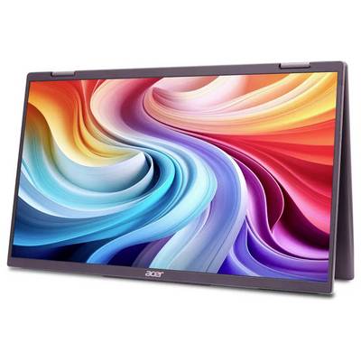 Ein schlankes Acer-Laptop, der ein lebendiges, wirbeldes abstraktes Design von hell leuchtenden Wellen in Rottönen, Orange, Gelb, Blau und Lila zeigt.