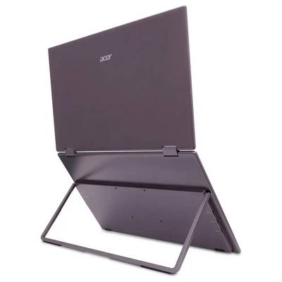 Ein lila Acer-Laptop ist geöffnet und auf einem Ständer platziert, von hinten betrachtet.