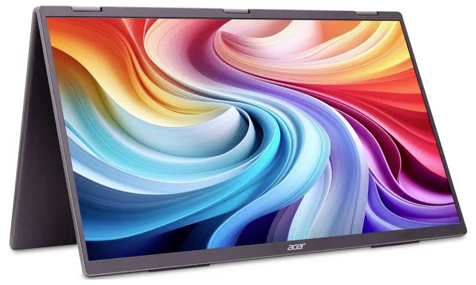 Ein Laptop im Zeltmodus zeigt einen lebhaften abstrakten Wirbel von Farben auf seinem Bildschirm und betont dabei sein vielseitiges Design und die hochwertige Displayqualität.