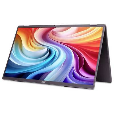 Acer Convertible-Laptop im Zeltmodus zeigt einen lebhaften, abstrakten Wirbel von Farben auf dem Bildschirm und demonstriert dabei seine Flexibilität und prächtiges Display.