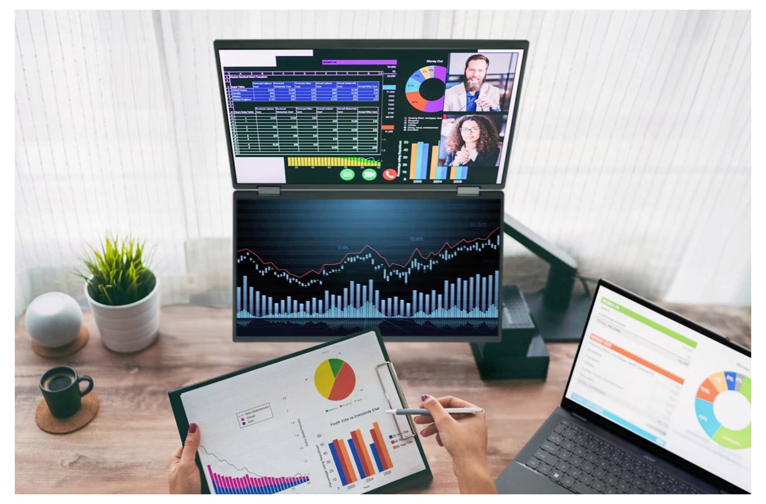 Eine Person analysiert Finanzdaten auf mehreren Bildschirmen, wobei Diagramme und Teilnehmer einer Videokonferenz sichtbar sind. Ein Tablet zeigt Grafiken, und auf dem Schreibtisch steht eine Kaffeetasse.