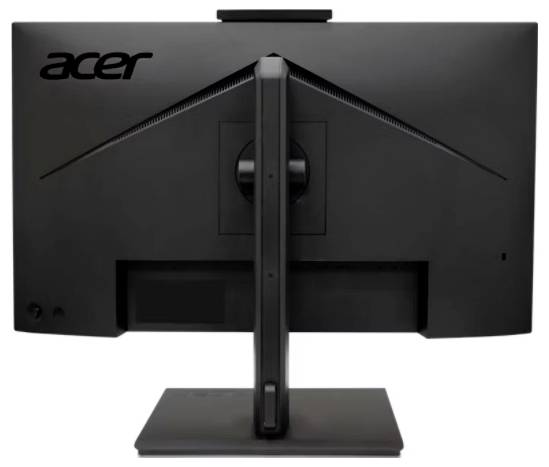 Rückansicht eines schwarzen Acer-Computermonitors auf einem Ständer, die sein schlankes Design und die abgewinkelte Basis zeigt. Das Acer-Logo ist in der oberen linken Ecke sichtbar.