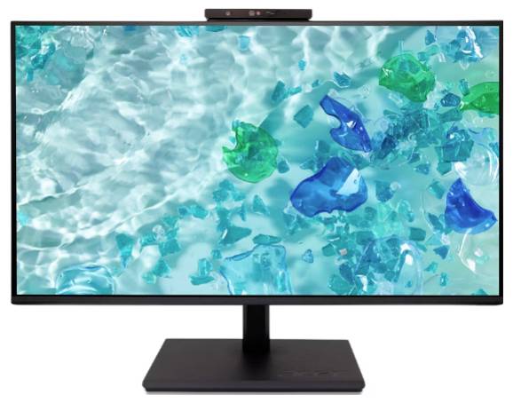 Ein Monitor, der eine abstrakte digitale Kunstarbeit zeigt, mit türkisfarbenem Wassereffekt und schwebenden, mehrfarbigen transluzenten Formen.