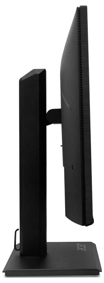 Ein dünner, schwarzer Computermonitor, von der Seite betrachtet, mit seinem Flachbildschirm und Fuß, der ein schlankes und modernes Design präsentiert.