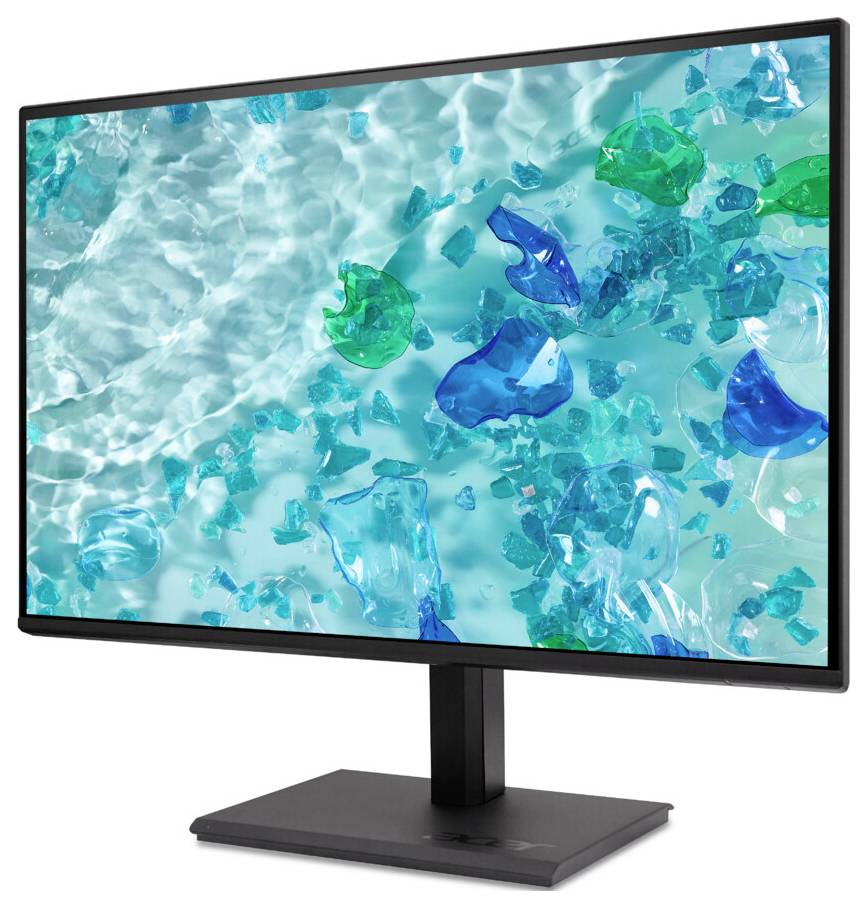 Ein Computermonitor zeigt eine abstrakte Unterwasserszene mit schwebenden grünen und blauen Formen, die Glas- oder Plastikstücken ähneln.