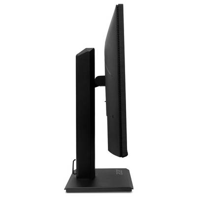 Seitenansicht eines schwarzen Computermonitors auf einem Ständer, der sein schlankes Design und sein elegantes Profil vor einem weißen Hintergrund präsentiert.
