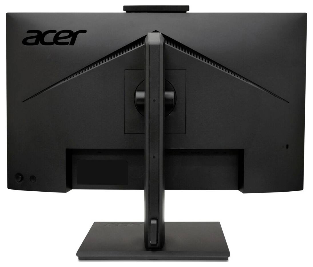 Rückansicht eines schwarzen Acer-Computermonitors, der seinen Standfuß zeigt und das Acer-Logo oben links aufweist.