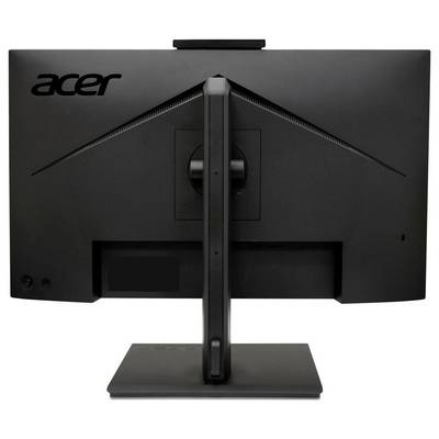 Rückansicht eines schwarzen Acer-Computermonitors, der seinen Standfuß zeigt und das Acer-Logo oben links aufweist.