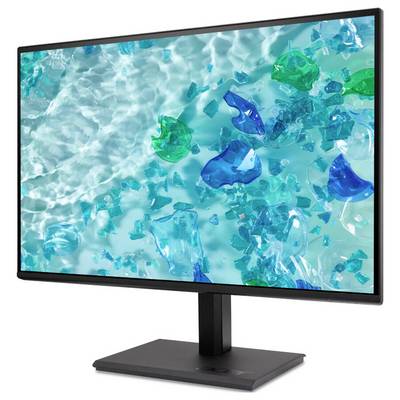 Ein Computermonitor zeigt ein künstlerisches Bild von blauen und grünen glasartigen Objekten, die in klarem, welligem Wasser versenkt sind.