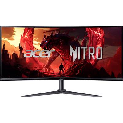 Gekrümmter Monitor, der leuchtend rote und orange Grafiken mit einem Drachen und der Silhouette einer Person zeigt; 'Acer'- und 'Nitro'-Logos sind sichtbar.