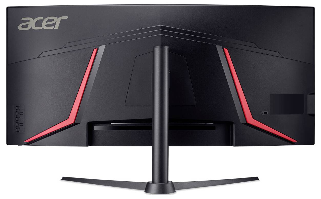 Acer Gaming-Monitor von hinten, mit großem Bildschirm, eckigem Design und zwei roten Akzenten.