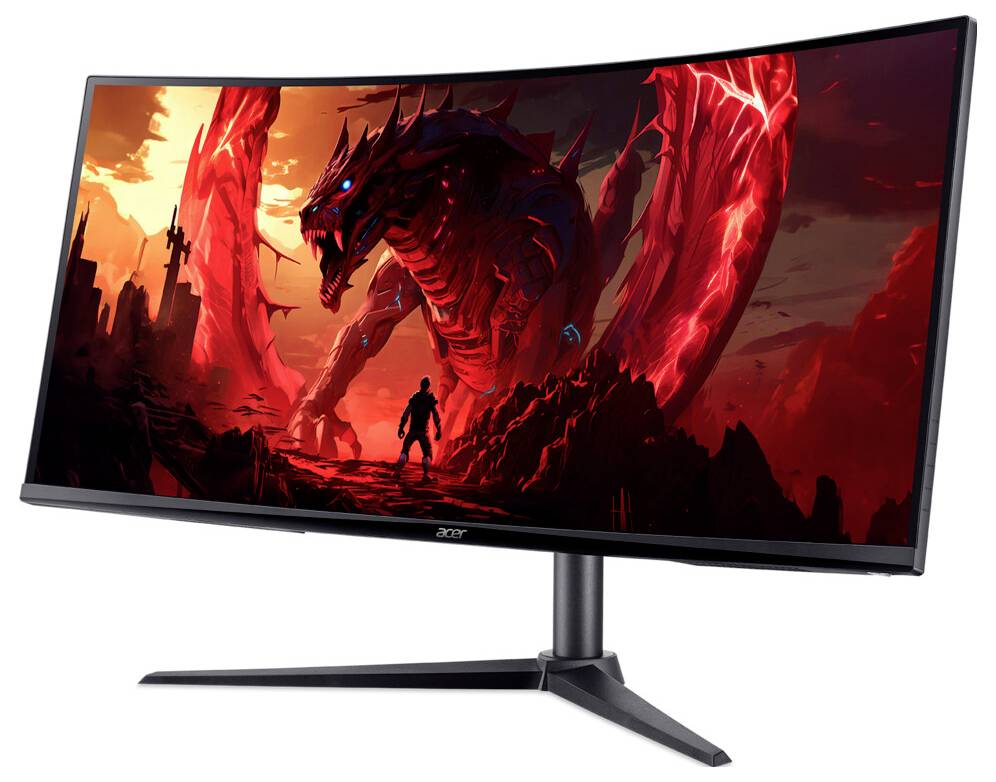 Ein gebogener Gaming-Monitor, der eine lebhafte Szene mit einem riesigen, feurig roten Drachen zeigt, der einem einzelnen Figur in einer dramatischen Fantasielandschaft gegenübersteht.