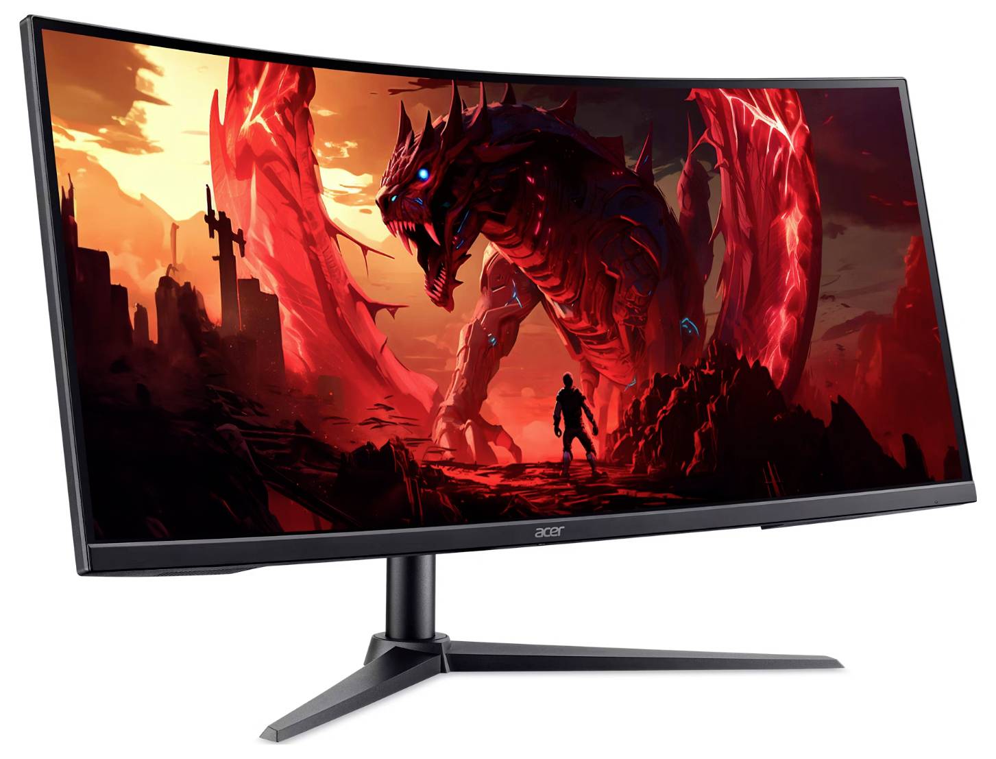 Eine Person steht mit einem roten Drachen in einer feurigen Landschaft, dargestellt auf einem breiten gekrümmten Monitor.