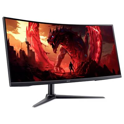 Eine Person steht mit einem roten Drachen in einer feurigen Landschaft, dargestellt auf einem breiten gekrümmten Monitor.