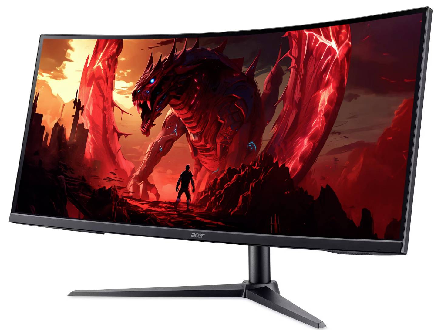 Ein schwarzer, ultrabreiter Computerbildschirm, der einen roten Drachen in einer Fantasielandschaft zeigt und ein immersives Spielerlebnis andeutet.