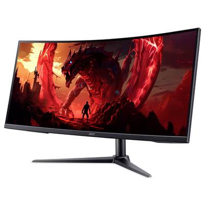 Ein schwarzer, ultrabreiter Computerbildschirm, der einen roten Drachen in einer Fantasielandschaft zeigt und ein immersives Spielerlebnis andeutet.