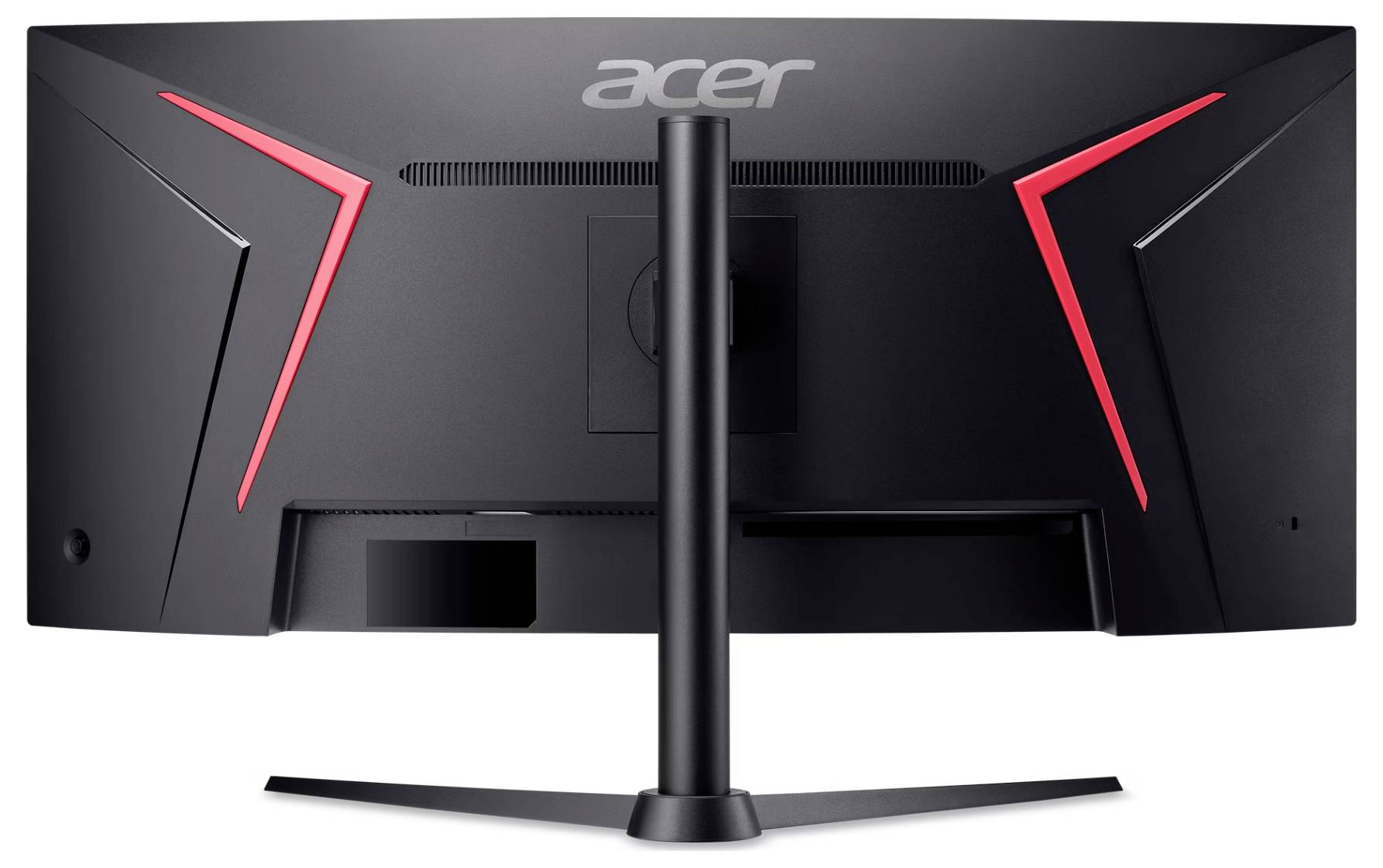 Acer-Gaming-Monitor in Schwarz mit roten Akzenten, Rückansicht zeigt Ständer und Anschlüsse und betont Design und Konnektivitätsmöglichkeiten.