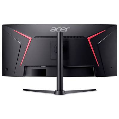 Acer-Gaming-Monitor in Schwarz mit roten Akzenten, Rückansicht zeigt Ständer und Anschlüsse und betont Design und Konnektivitätsmöglichkeiten.