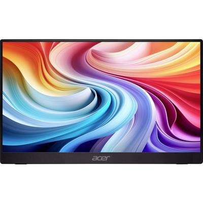 Ein lebendiger Computermonitor, der ein farbenfrohs, wirbelndes abstraktes Design zeigt. Der Bildschirm wird von einem schwarzen Rahmen mit dem Acer-Logo umgeben.