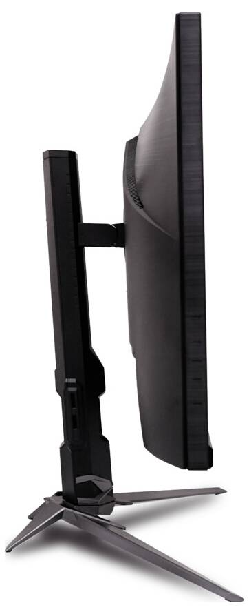 Seitliche Ansicht eines modernen Computermonitors auf einem Ständer, der seine dünne Bildschirmblende und den verstellbaren Haltearm für ergonomische Positionierung präsentiert.