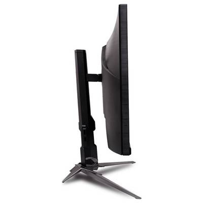 Seitliche Ansicht eines modernen Computermonitors auf einem Ständer, der seine dünne Bildschirmblende und den verstellbaren Haltearm für ergonomische Positionierung präsentiert.