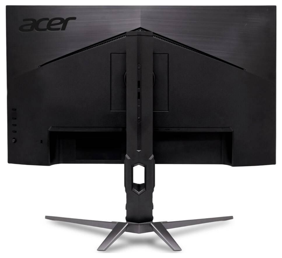 Rückansicht eines schwarzen Acer-Computermonitors mit einem Ständer mit Winkeldesign.