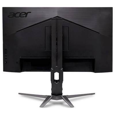 Rückansicht eines schwarzen Acer-Computermonitors mit einem Ständer mit Winkeldesign.