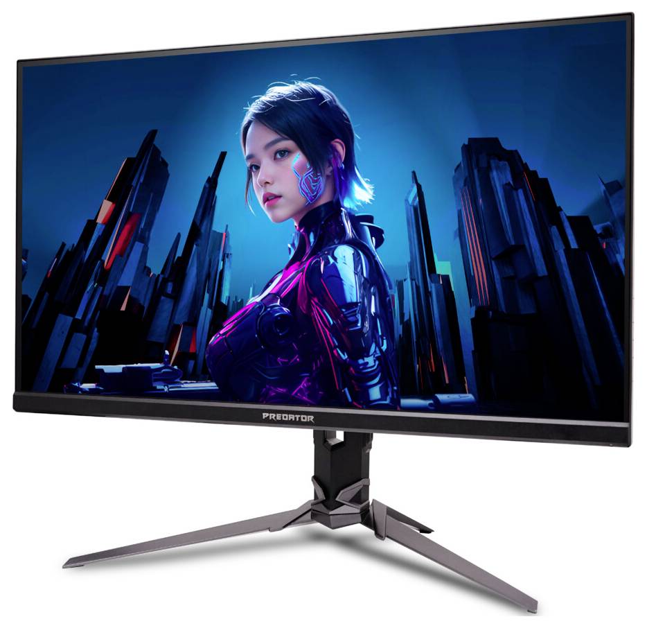 Ein Computermonitor, der ein digitales Kunstwerk einer futuristischen, gepanzerten Frau mit einer Stadtlandschaft im Hintergrund zeigt und dabei Science-Fiction-Themen hervorhebt.