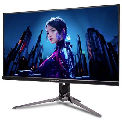 Ein Computermonitor, der ein digitales Kunstwerk einer futuristischen, gepanzerten Frau mit einer Stadtlandschaft im Hintergrund zeigt und dabei Science-Fiction-Themen hervorhebt.