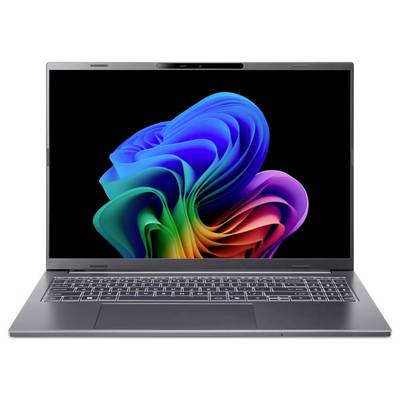 Ein Laptop mit einem lebendigen, abstrakten Regenbogen-Wirbel, der auf dem Bildschirm dargestellt ist. Die Tastatur und das Trackpad sind unterhalb des Bildschirms sichtbar.