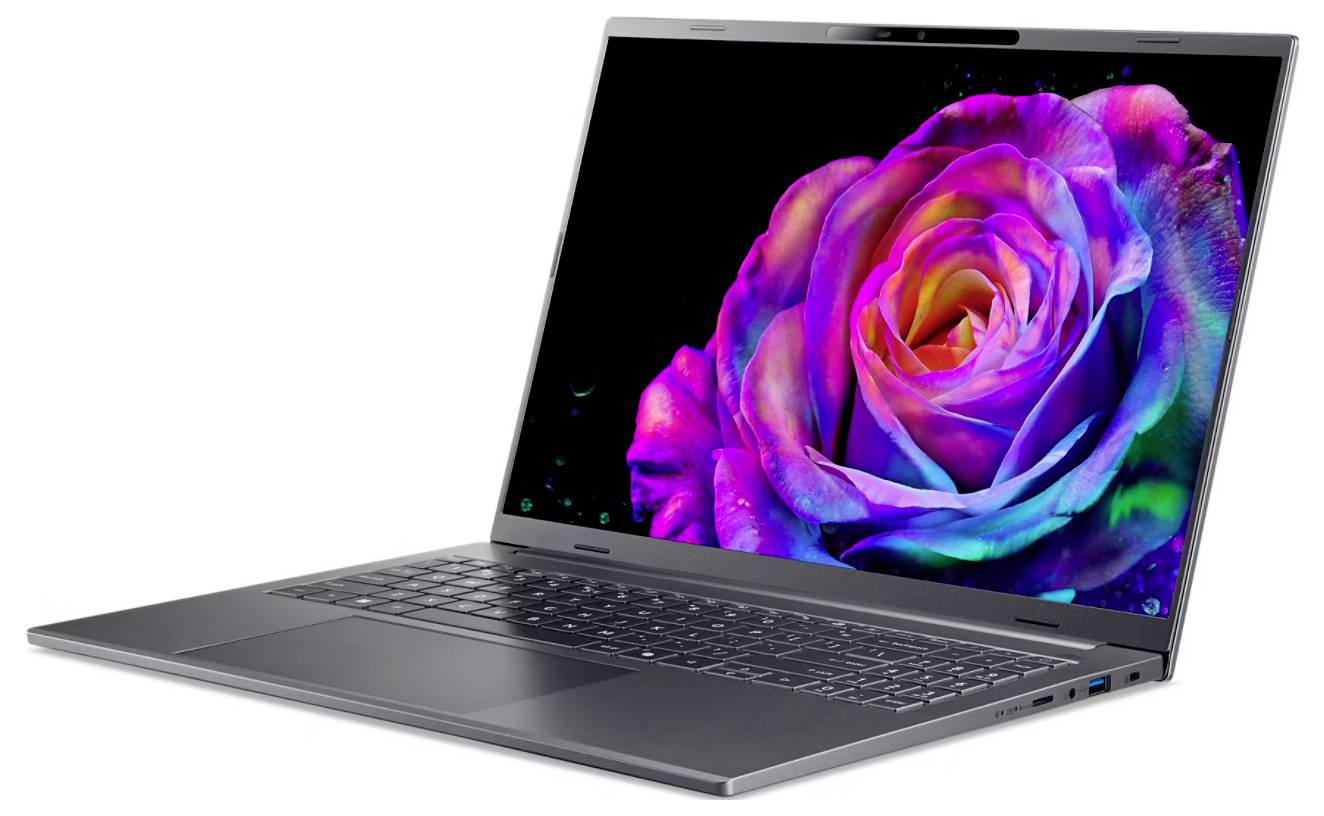 Ein schlankes Laptop mit einer lebendigen, farbenfrohen Rose, die auf dem Bildschirm dargestellt ist. Die Szene betont die hochauflösende Displayfähigkeit des Geräts.