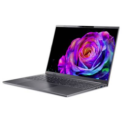 Ein schlankes Laptop mit einer lebendigen, farbenfrohen Rose, die auf dem Bildschirm dargestellt ist. Die Szene betont die hochauflösende Displayfähigkeit des Geräts.