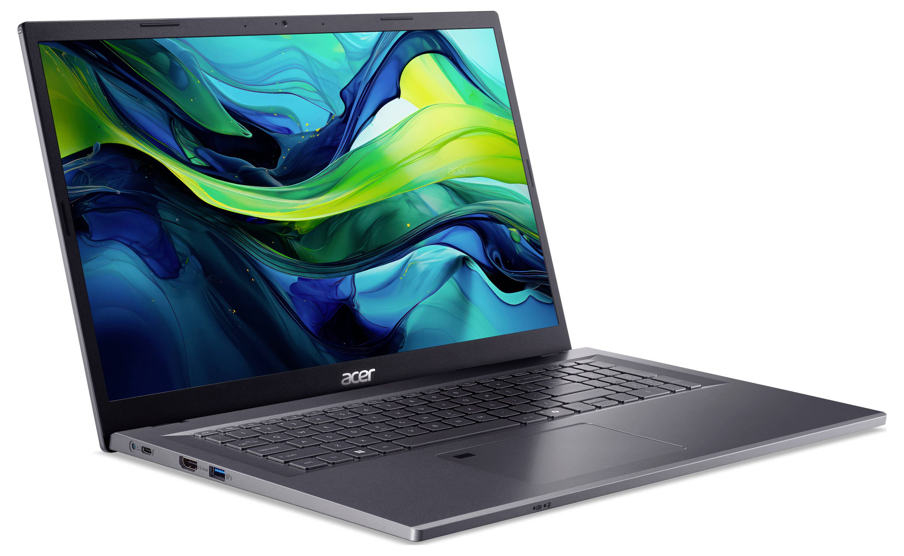 Ein silberner Acer-Laptop mit einem halb geöffneten Bildschirm, der ein lebendiges abstraktes Design in Blau- und Grüntönen zeigt.