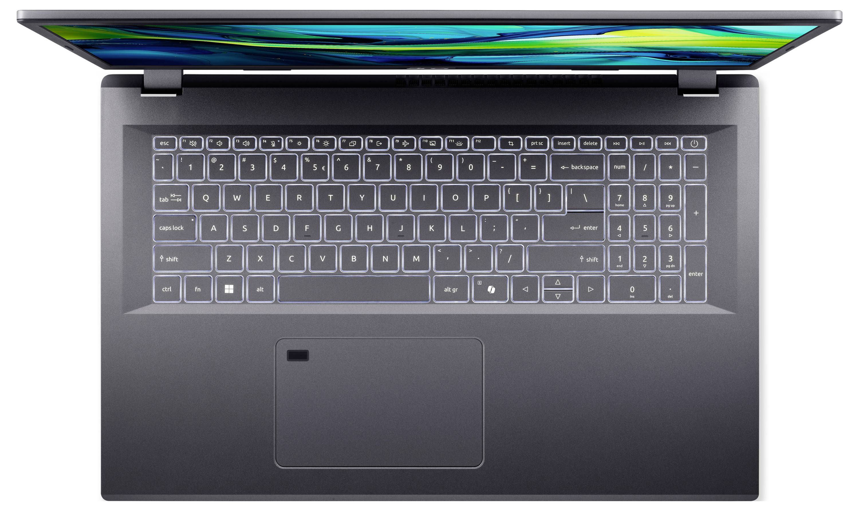 Eine Draufsicht eines Laptops mit einer beleuchteten Tastatur und einem offenen Bildschirm, der abstrakte, farbenfrohe Muster zeigt.