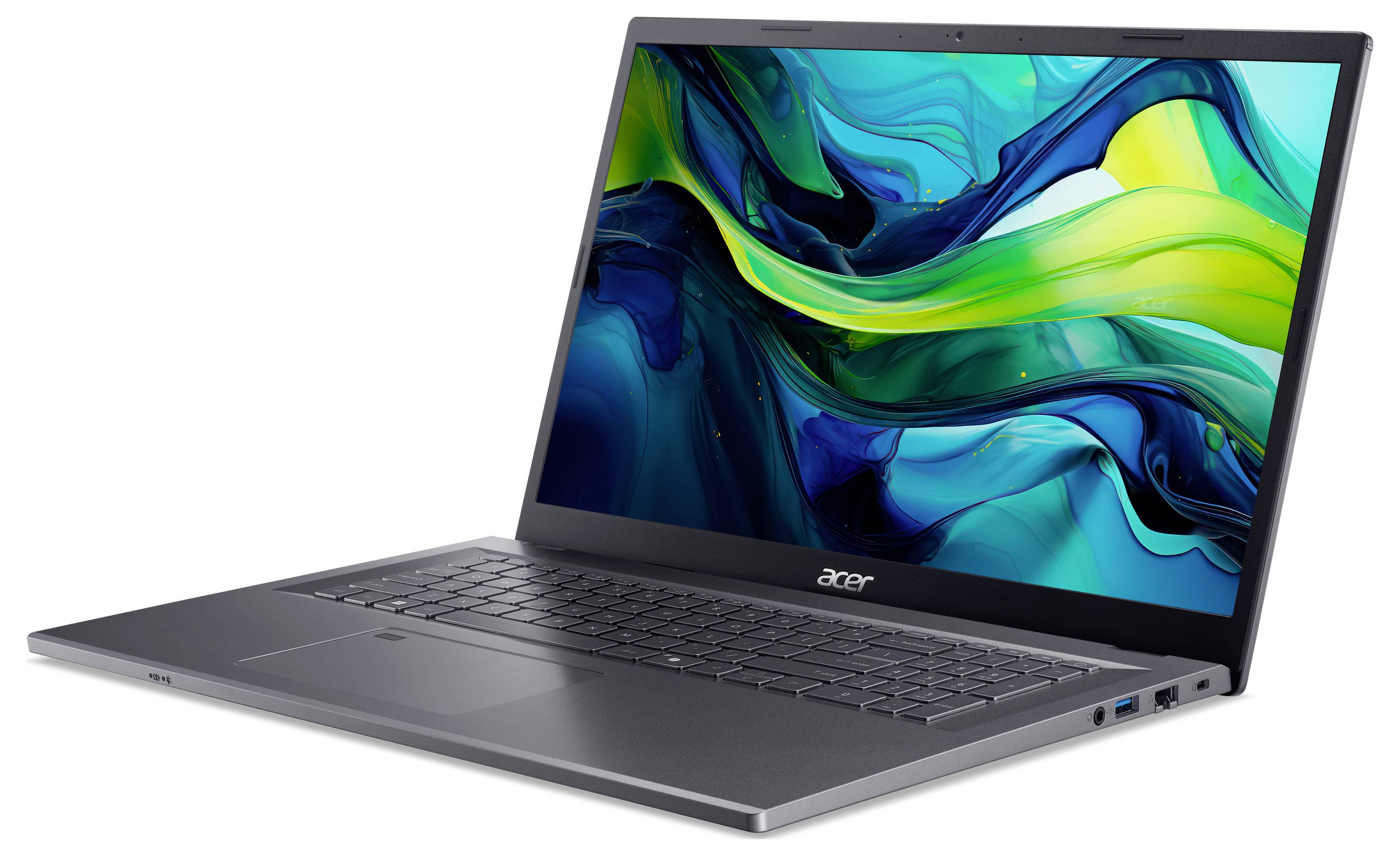 Ein schlankes, geöffnetes Laptop mit einem farbenfrohen abstrakten Hintergrund auf dem Bildschirm, der sein dünnes Design und die schwarze Tastaturbelegung hervorhebt.