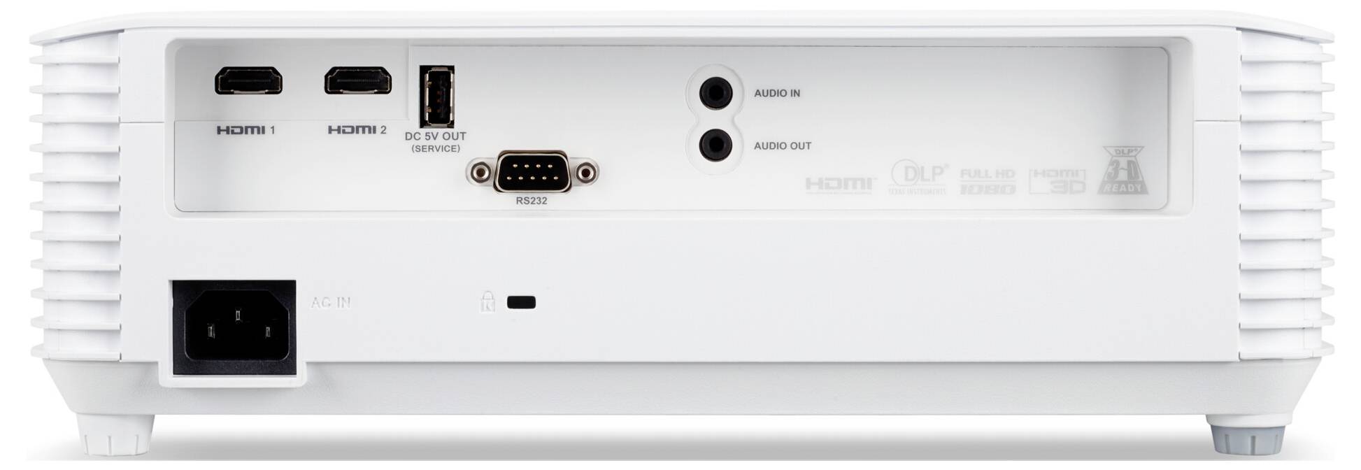 Das Bild zeigt die Rückseite eines weißen elektronischen Geräts mit zwei HDMI-Anschlüssen, zwei Audioausgängen, einem USB-Anschluss und einer Stromsteckdose.