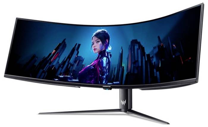 Ein breiter, gekrümmter Gaming-Monitor, der eine futuristische Stadtlandschaft zeigt, mit einer Person in einem bunten Outfit im Zentrum, die ein dynamisches visuelles Erlebnis bietet.