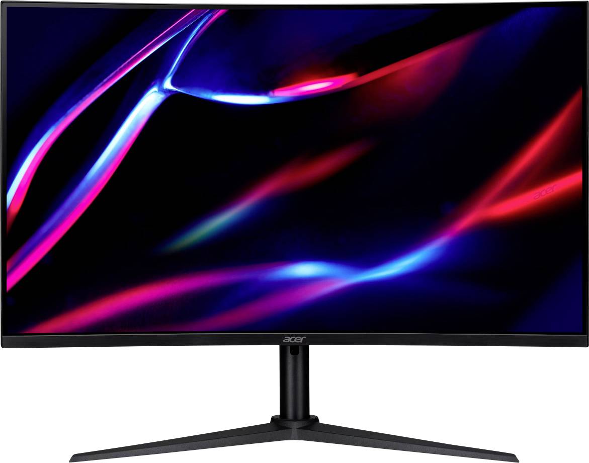 Monitor mit gebogener Krümmung und einem leuchtenden Display, auf dem abstrakte rote und blaue Lichtmuster auf einem dunklen Bildschirm zu sehen sind, positioniert auf einem eleganten Ständer.