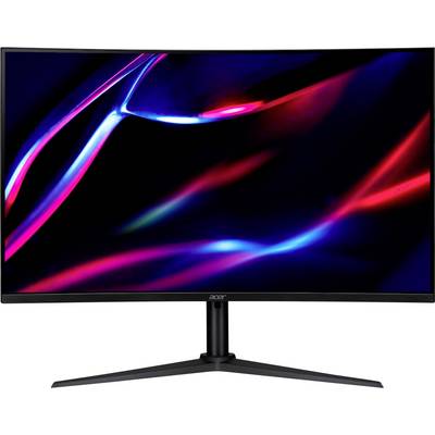 Monitor mit gebogener Krümmung und einem leuchtenden Display, auf dem abstrakte rote und blaue Lichtmuster auf einem dunklen Bildschirm zu sehen sind, positioniert auf einem eleganten Ständer.